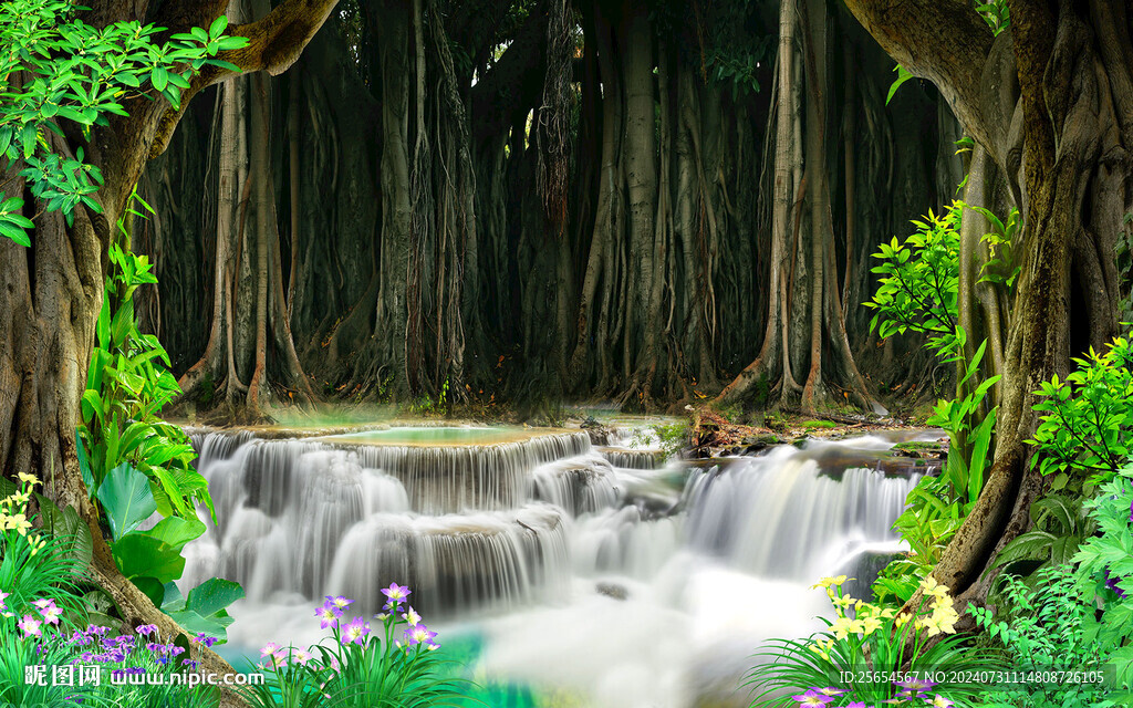 小溪流水风景画立体3D背景墙