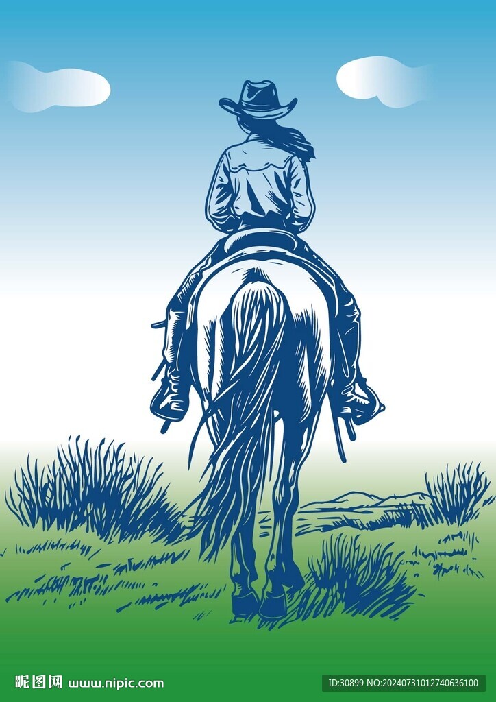 矢量版画风格骑马背影女牛仔