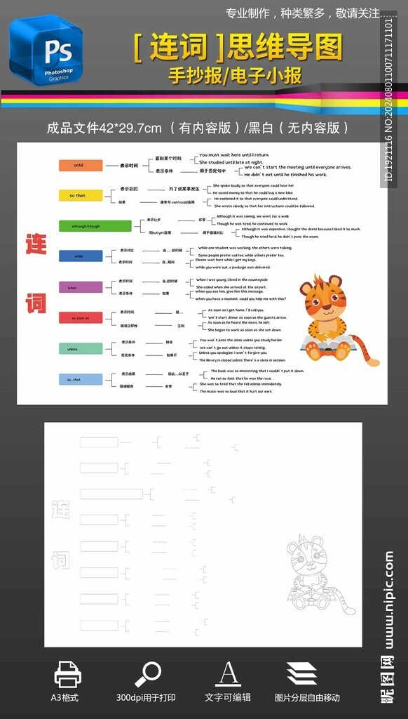 连词英语小报手抄报思维导图