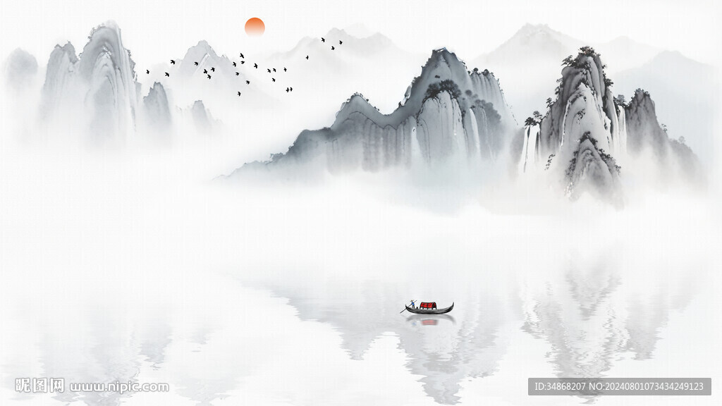 中式水墨山水壁画