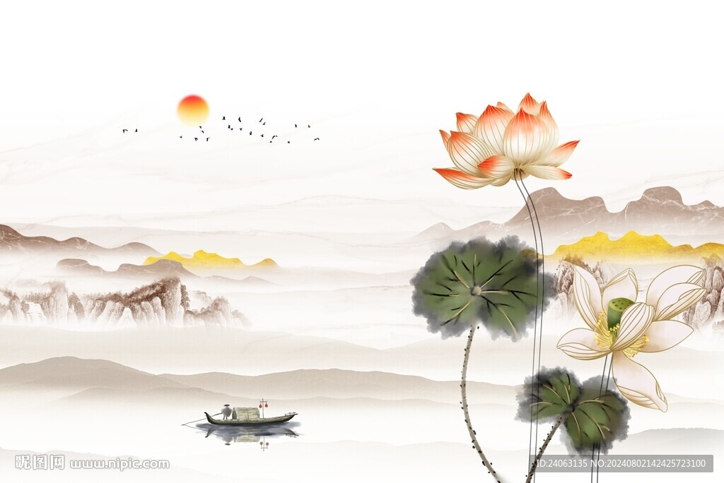 山水荷花背景墙