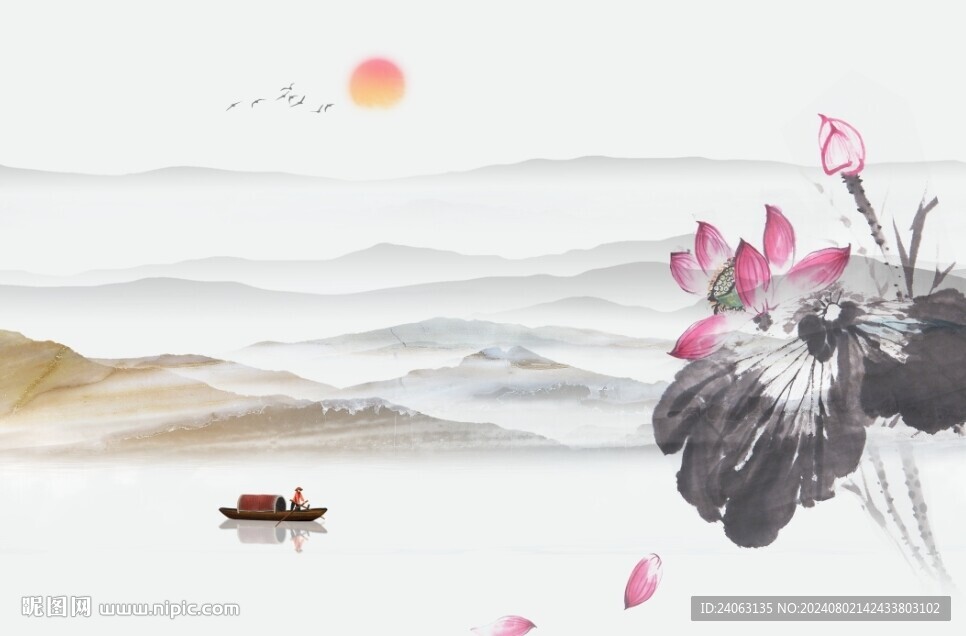 山水荷花背景墙