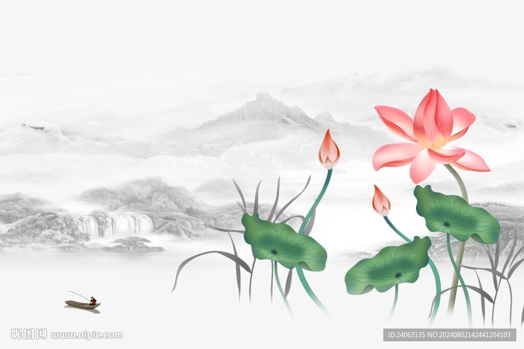 荷花山水背景墙