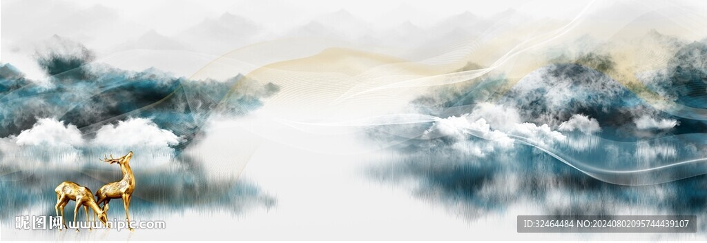 抽象山水麋鹿画