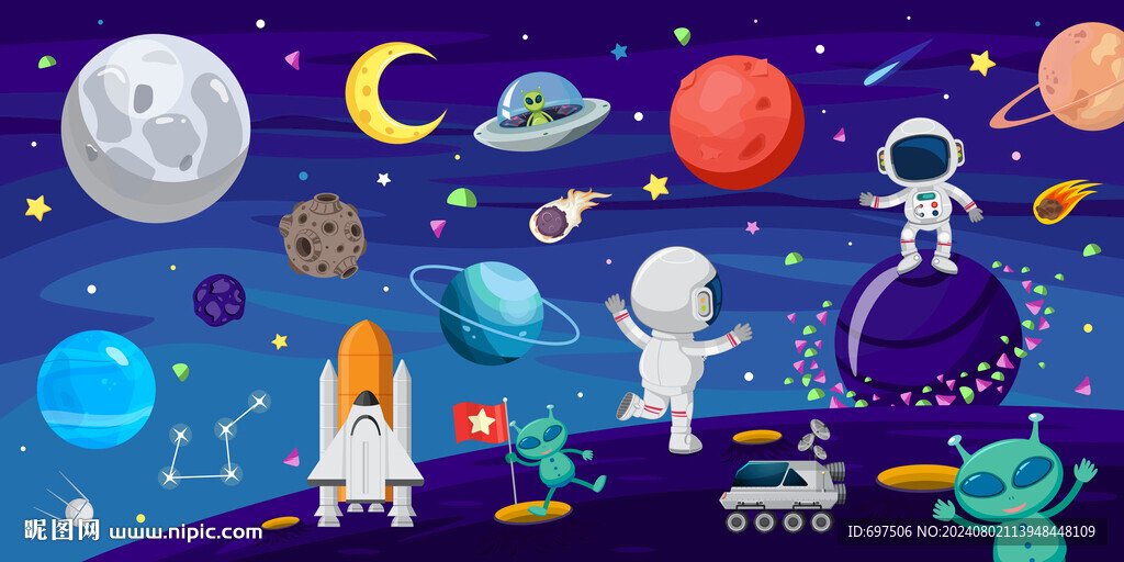 梦幻宇宙星球卡通太空儿童背景墙