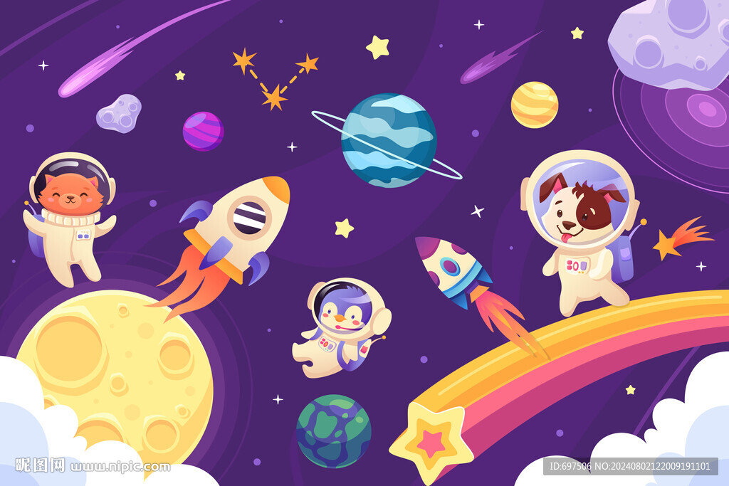 卡通动物宇航员太空星球儿童背景
