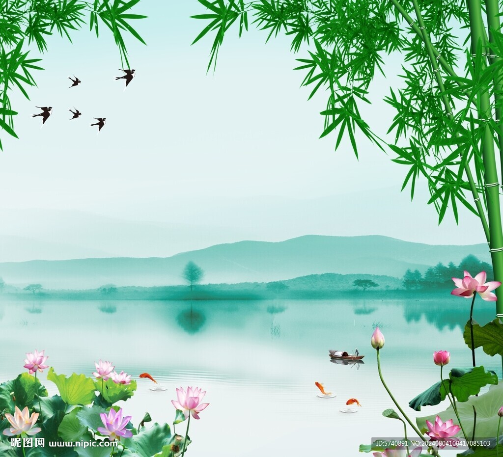 竹子荷花锦鲤