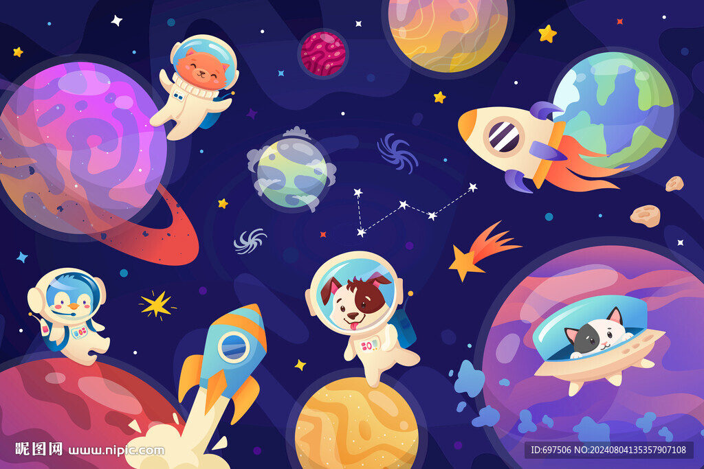 卡通动物宇航员太空星球火箭背景