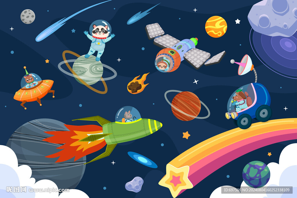 可爱动物卡通宇宙星球太空背景墙