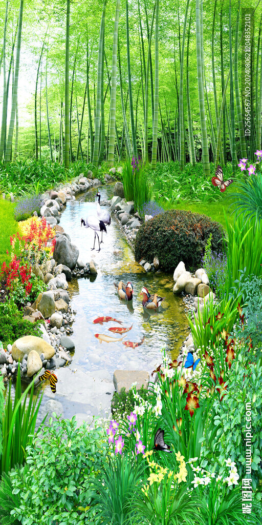 清新竹林流水生财鲜花玄关