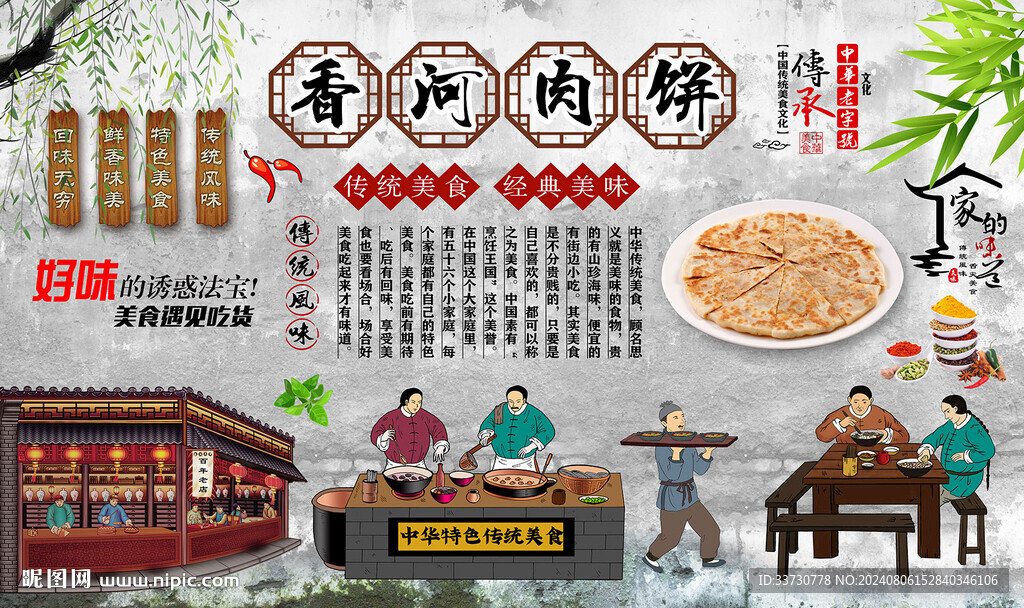 香河肉饼背景墙