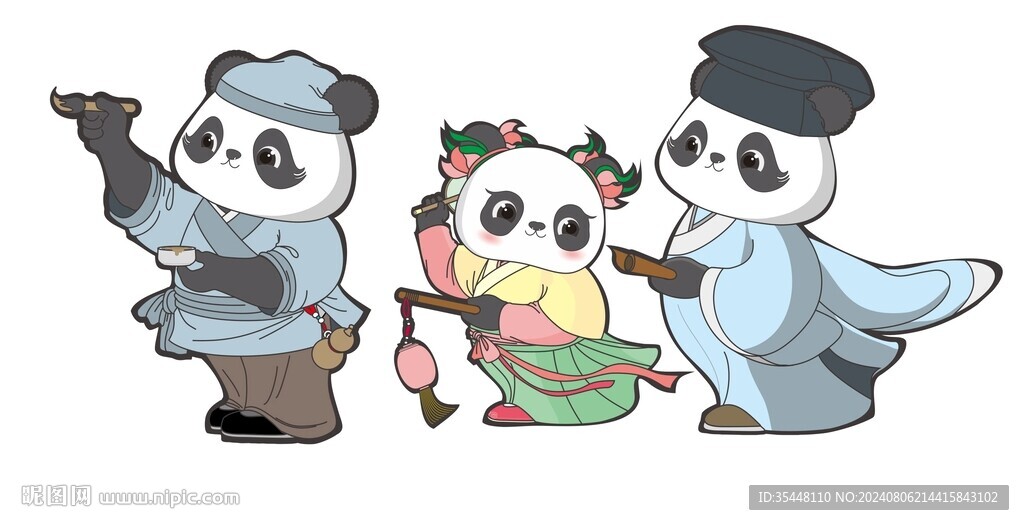 熊猫先生之穿越到古代卡通插画