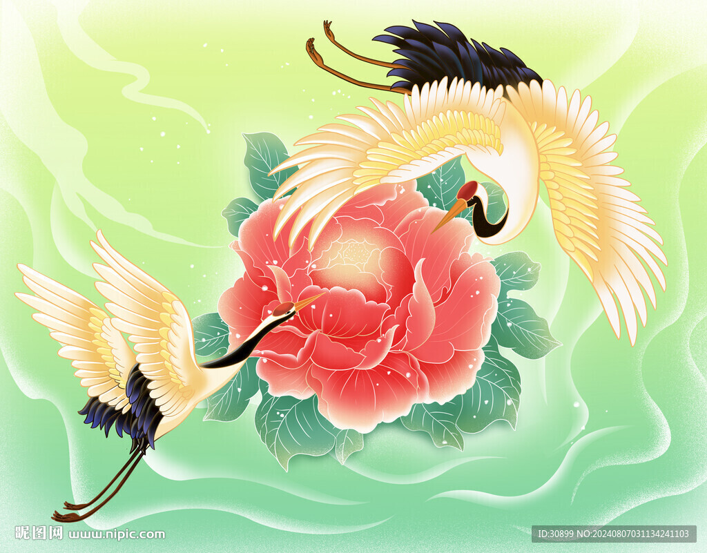 国潮风仙鹤牡丹包装插画