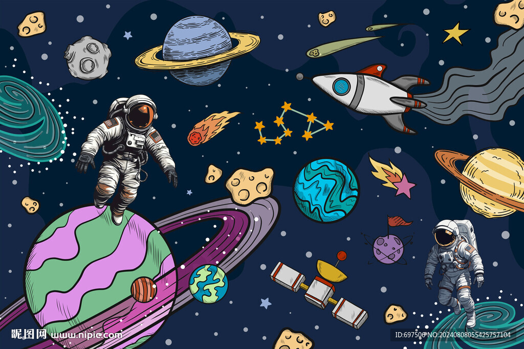 手绘宇宙星球卡通太空宇航员背景