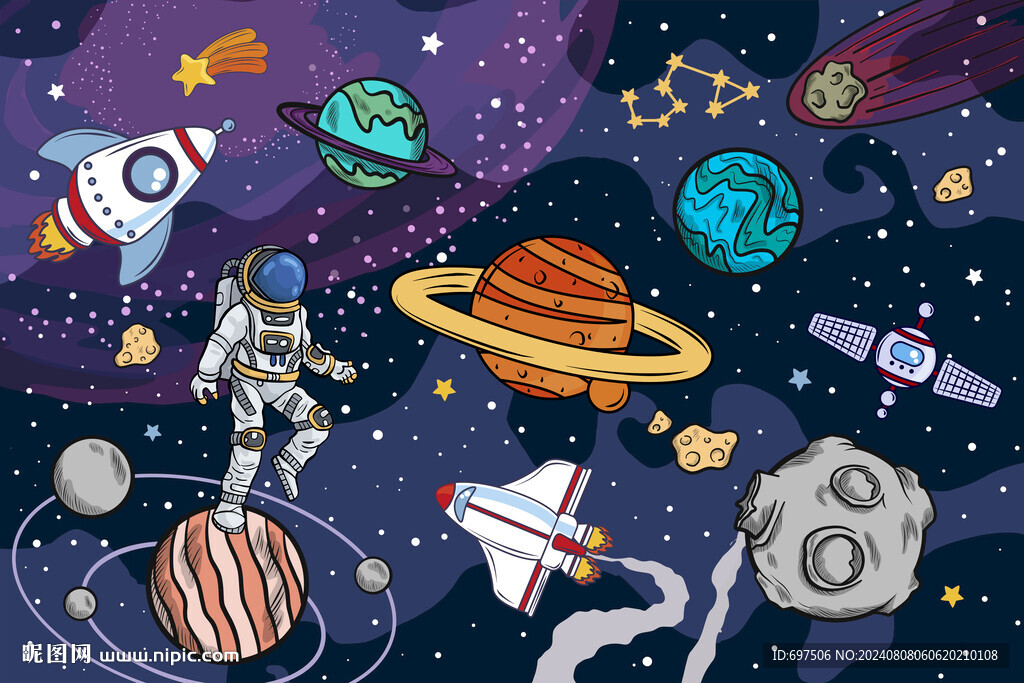 卡通星球太空火箭宇宙星空背景墙