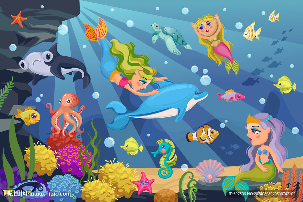 梦幻海底世界卡通海豚美人鱼背景