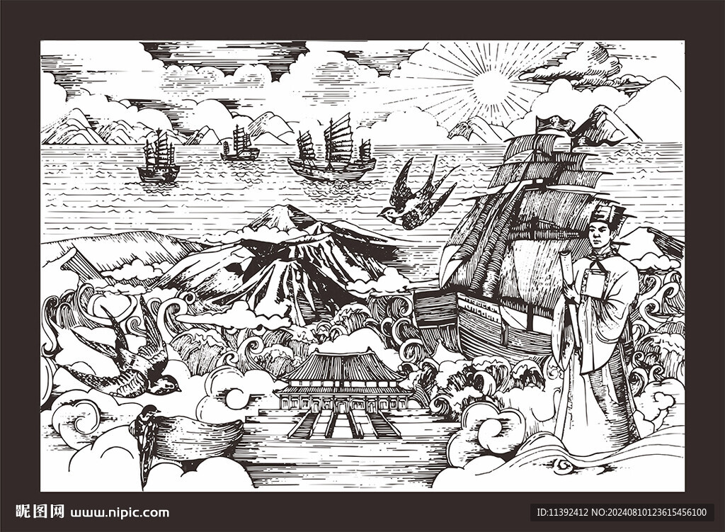 燕窝郑和下大西洋插画版画线描