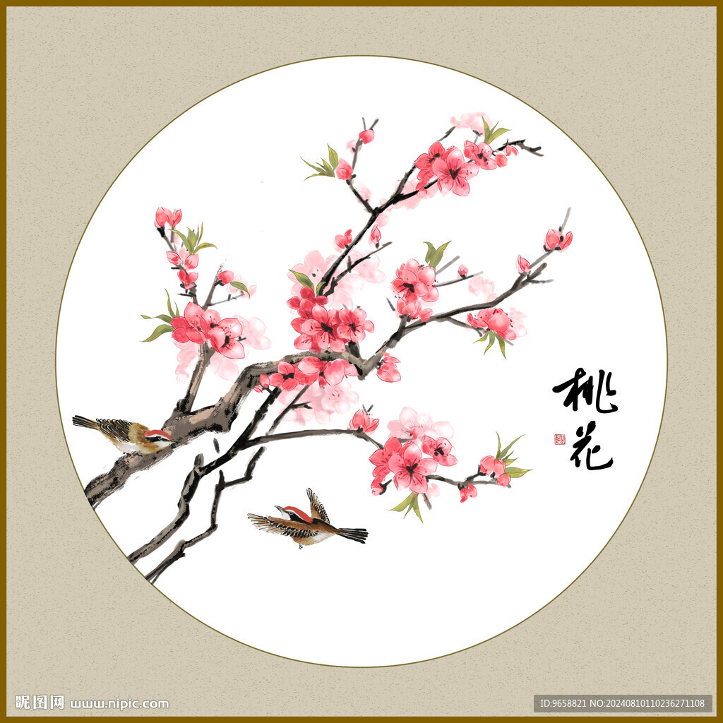 桃花花鸟国画