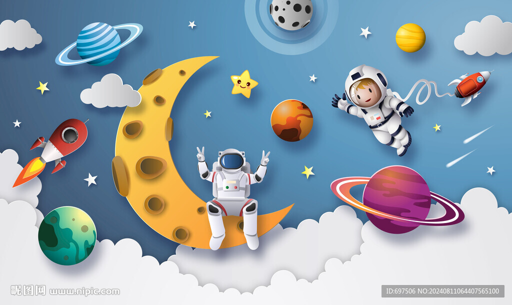 3D宇航员月亮外太空星球背景墙