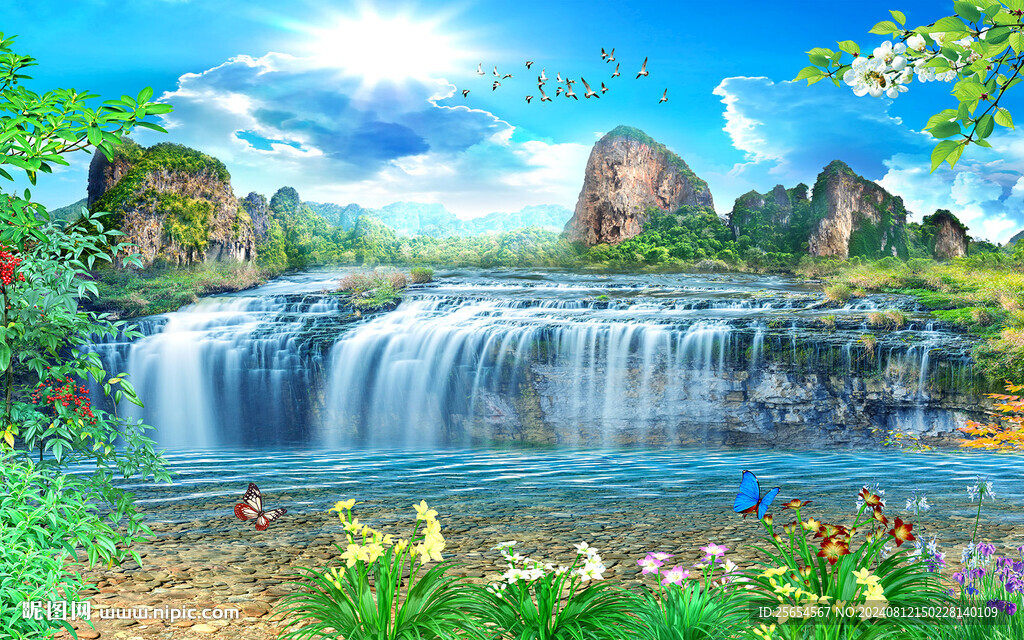 流水生财竹子山水瀑布电视背景墙