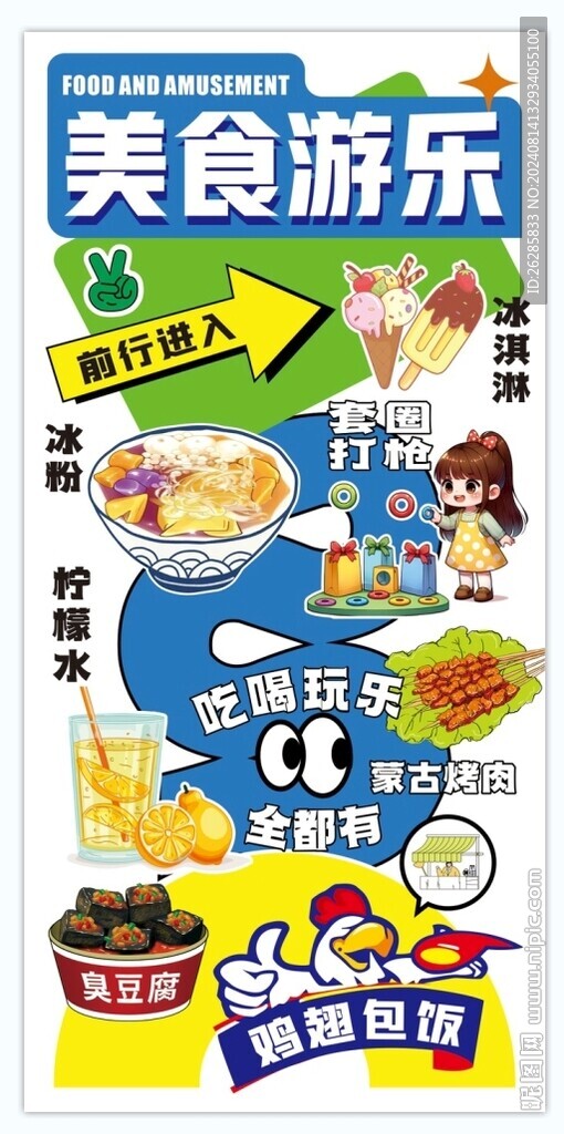 美食游乐 夜市 指引牌 
