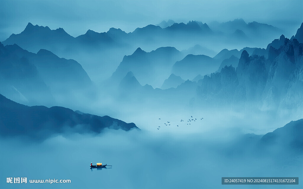 空灵意境山水风景蓝色写意背景墙