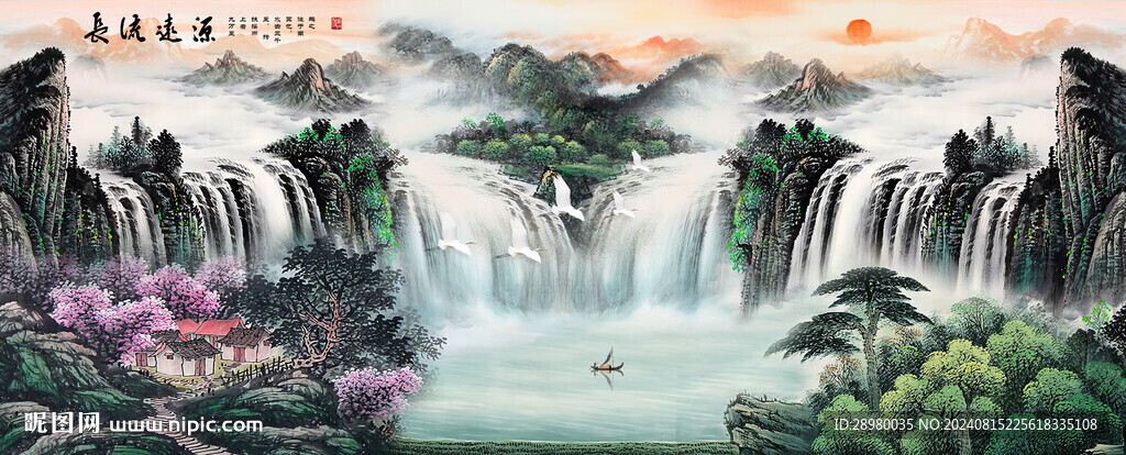 国画瀑布山水画