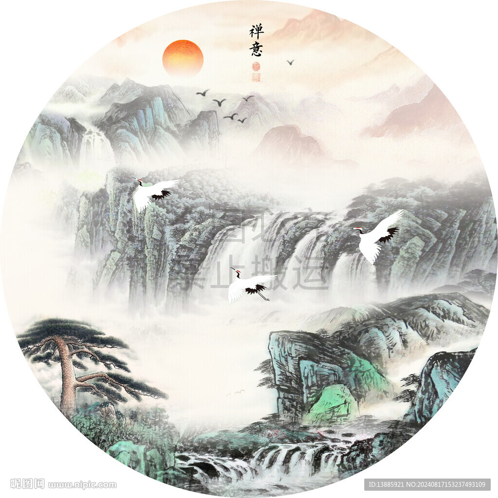 国风山水圆形挂画