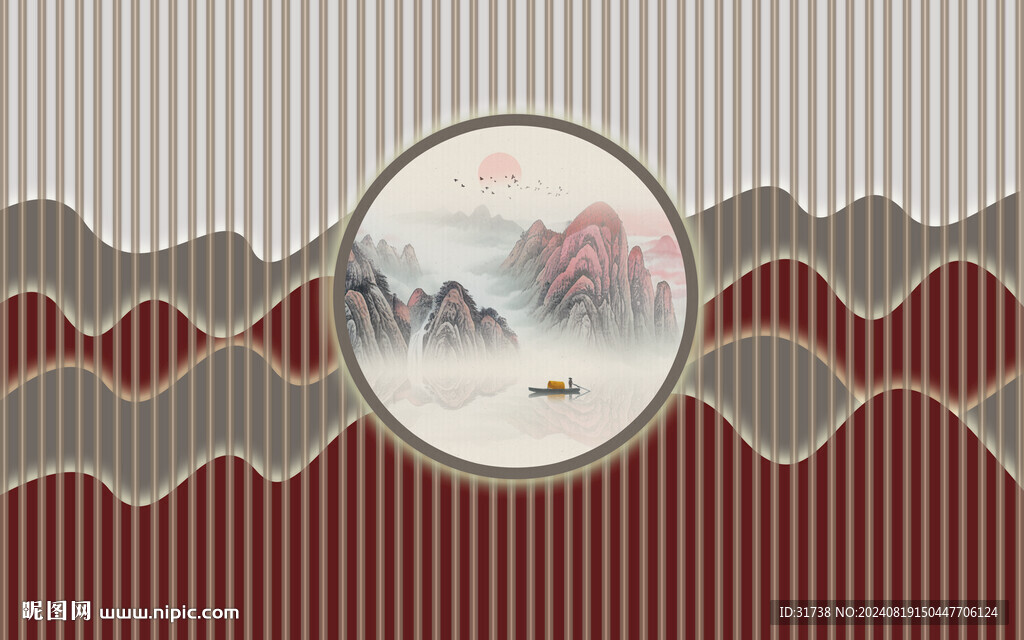 新中式格栅山水背景墙