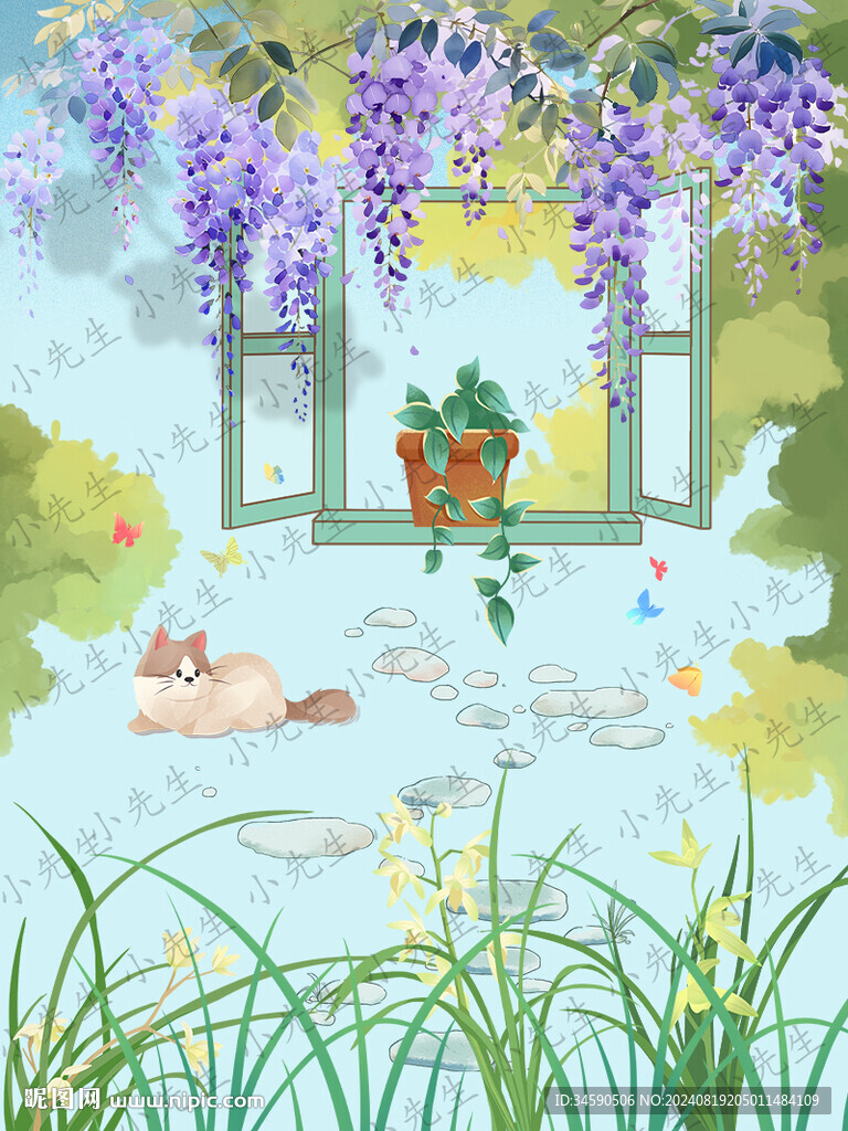 紫藤萝花窗户下的小猫