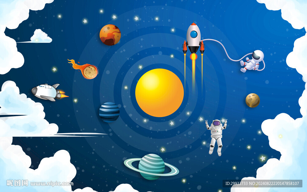 卡通宇航员儿童房背景墙