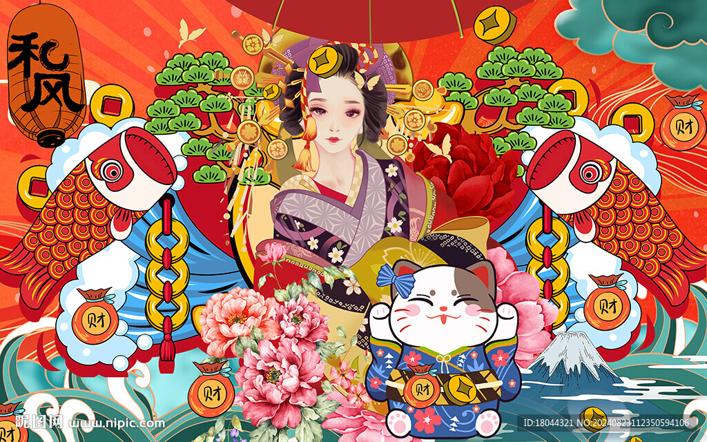 国潮和风招财猫美女工装背景墙
