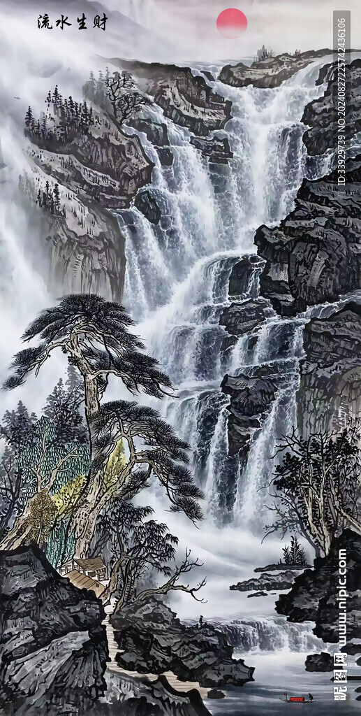 竖幅国画瀑布流水生财