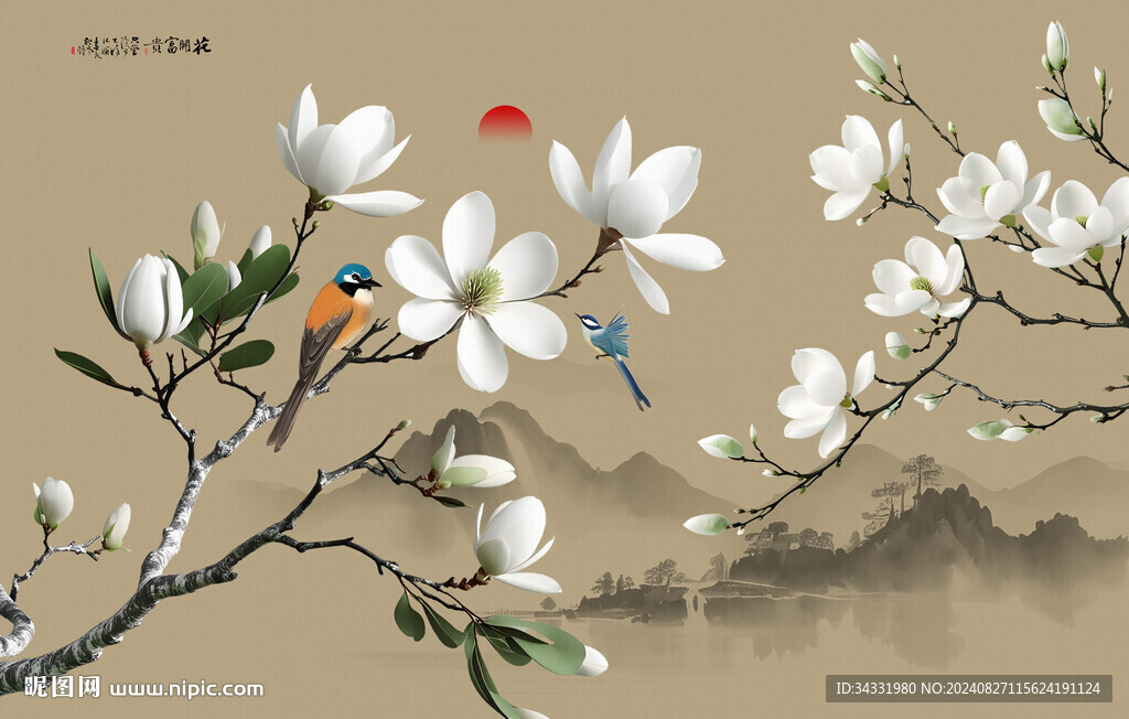 玉兰花鸟背景墙