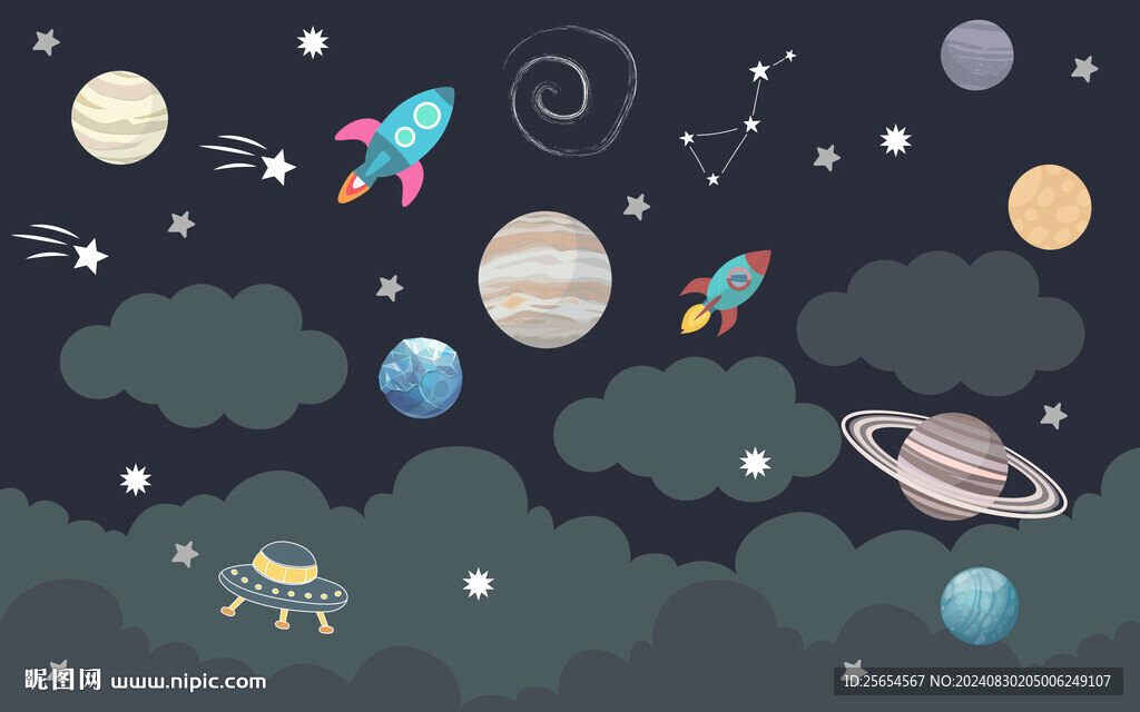 星球太空卡通儿童房背景墙