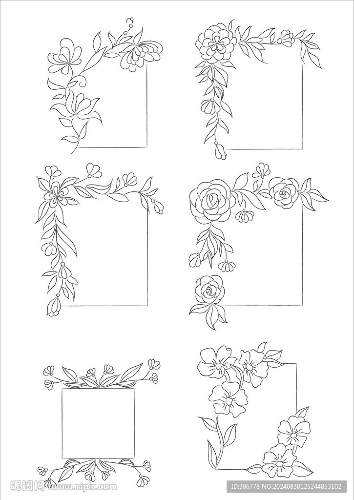 黑白线描花卉植物边框