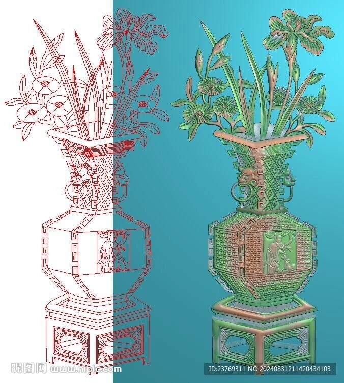 博古兽头仿古四季花花瓶精雕灰度