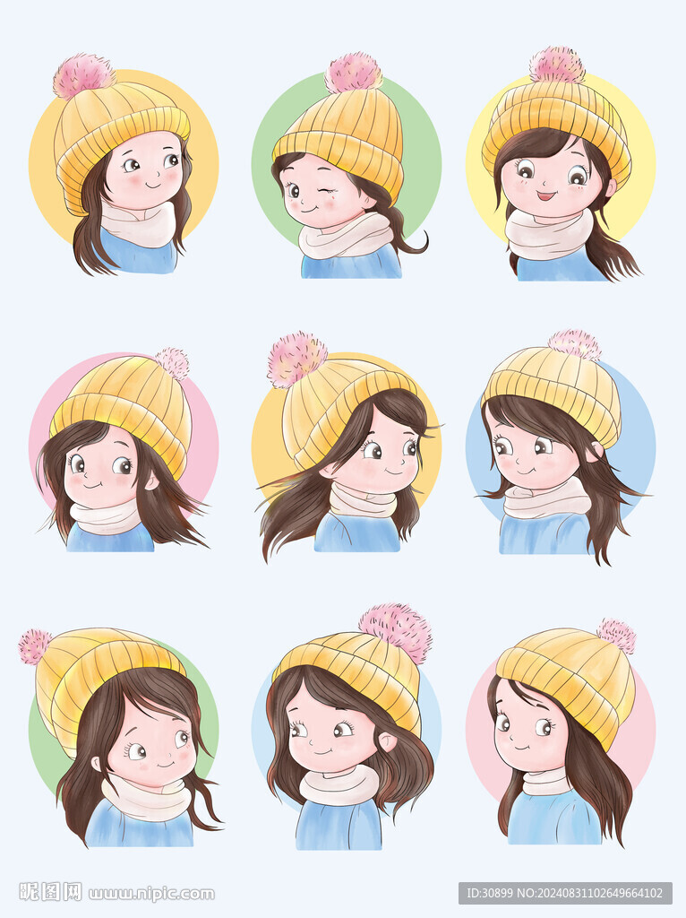 手绘可爱女生头像九宫图表情包