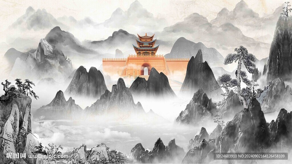 中国风水墨山水意境传统历史古楼
