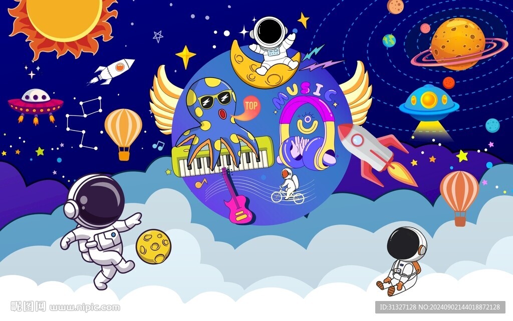 卡通太空音乐儿童房背景墙图片