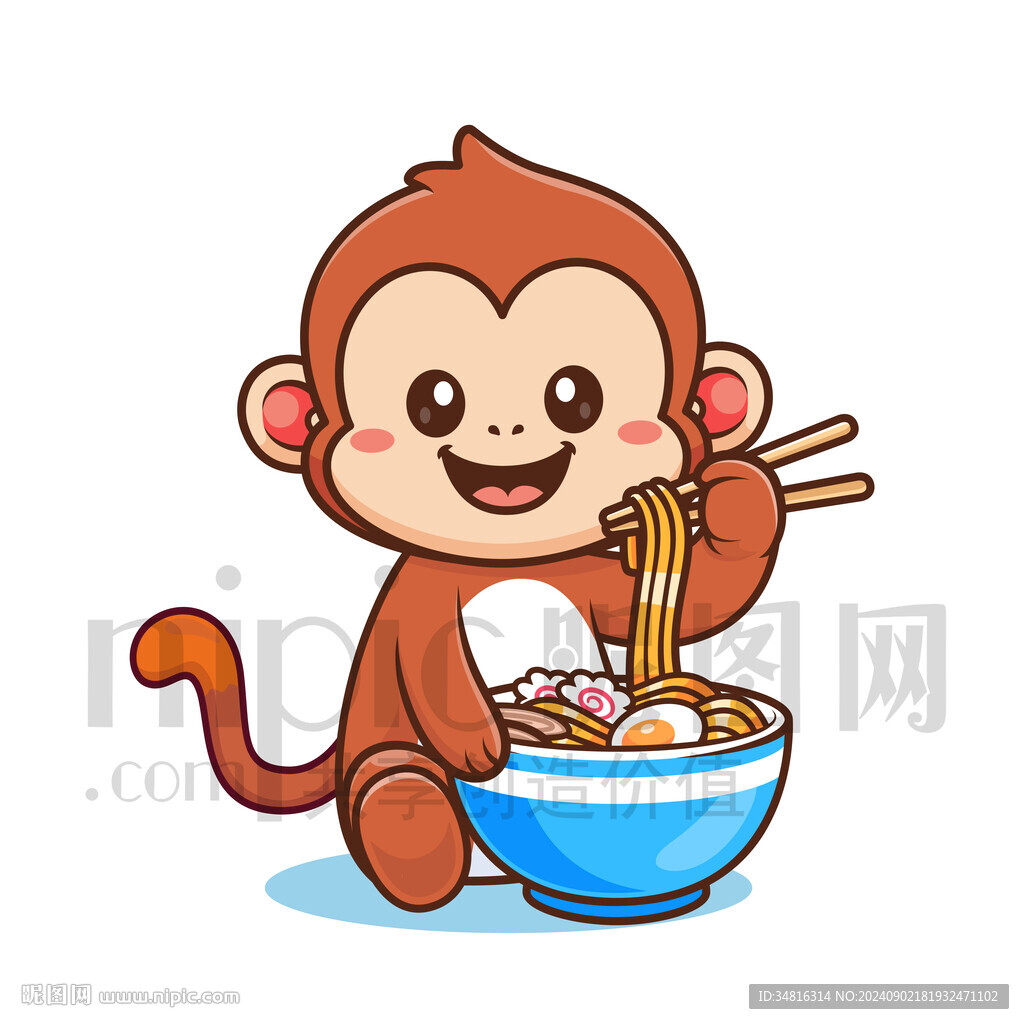 可爱卡通吃面条的猴子