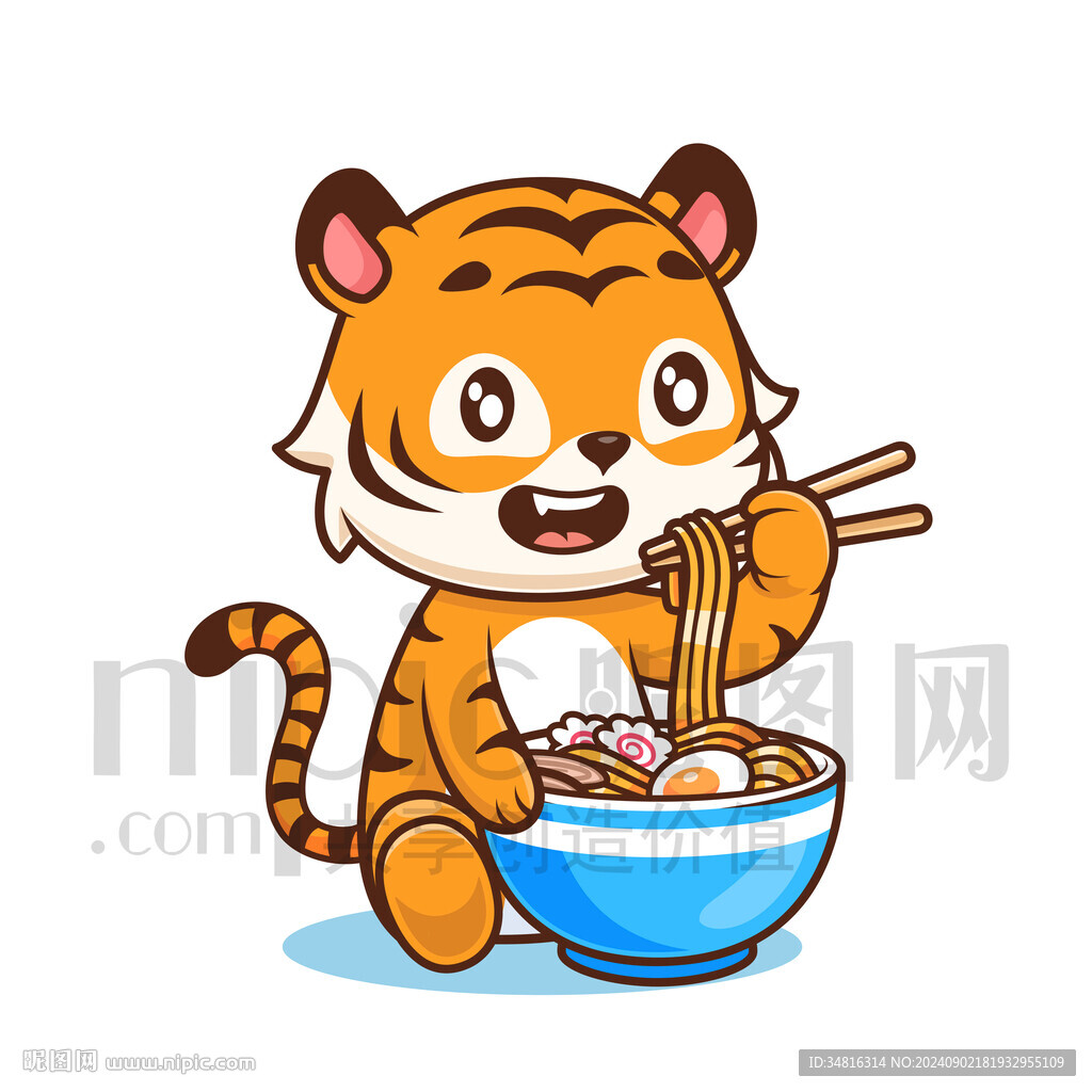 可爱卡通吃面条的老虎