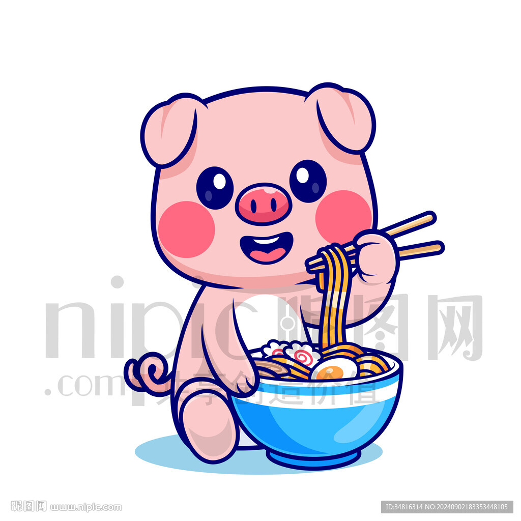 可爱卡通小猪吃面条