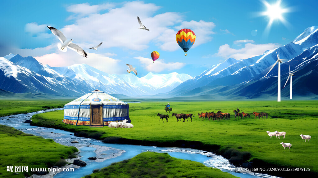 草原河流蓝天白云