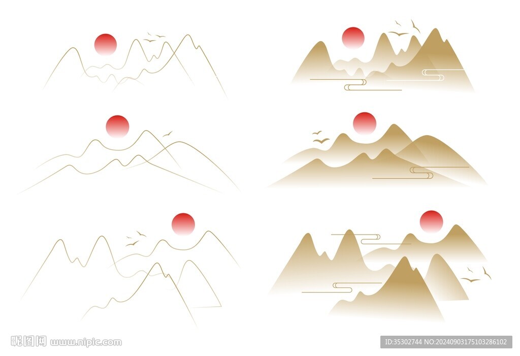 中国风水墨山水古典山纹飞鸟云纹