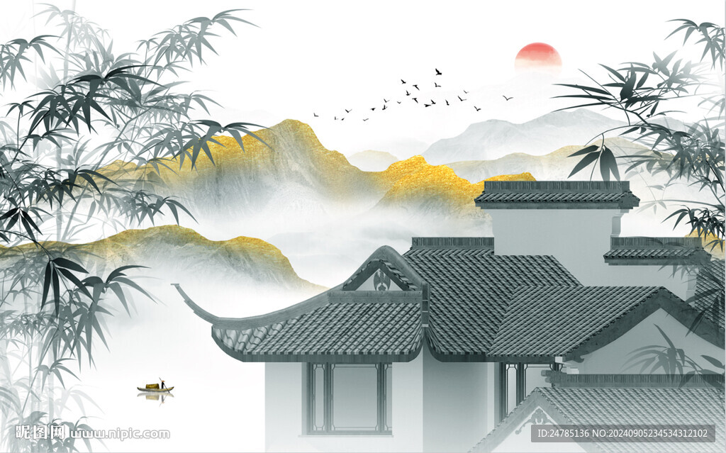 新中式水墨竹子楼阁山水画