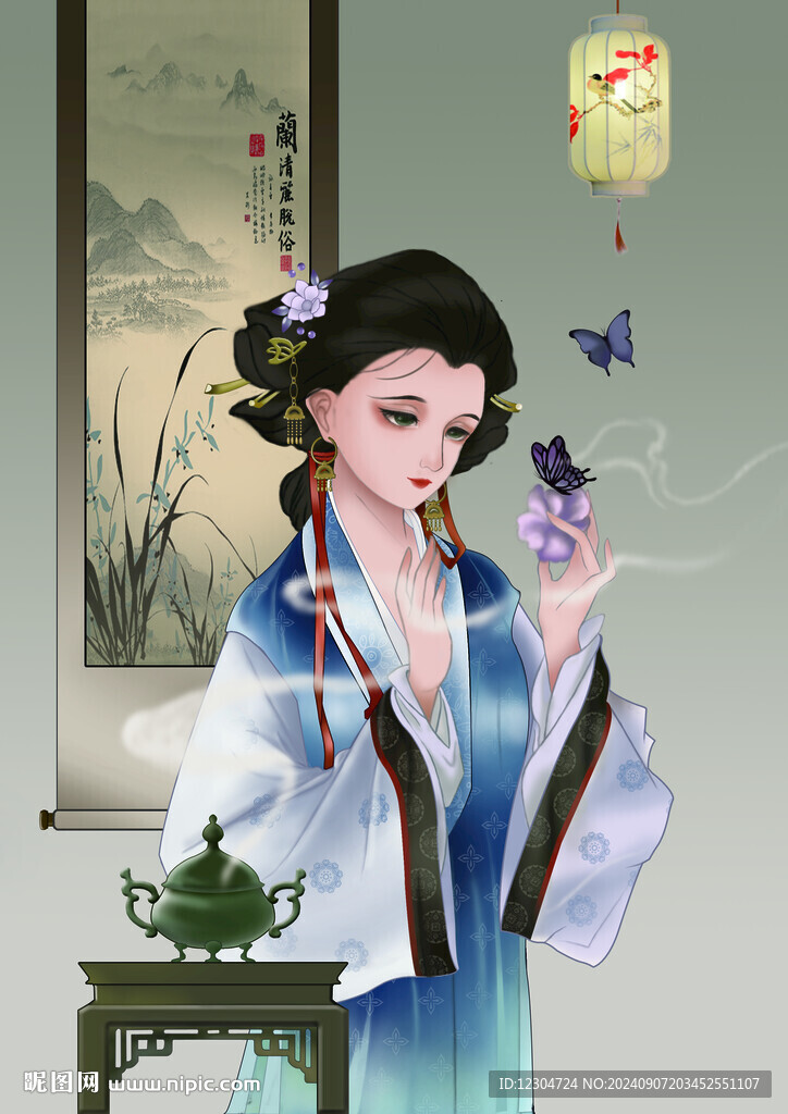 手绘古风蝴蝶侍女