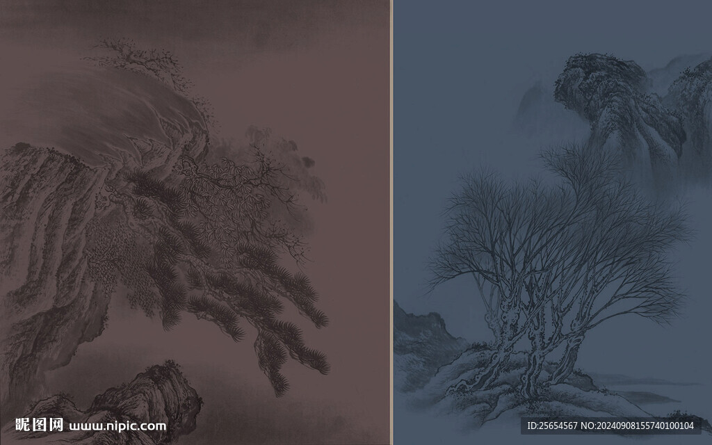 新中式木格栅金色线描背景墙