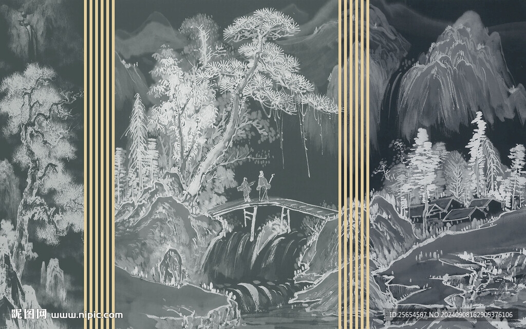 新中式轻奢线描国画山水背景墙