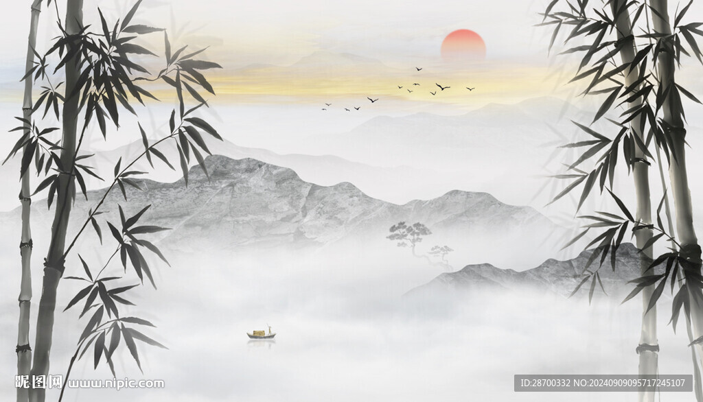 新中式水墨竹子山水背景